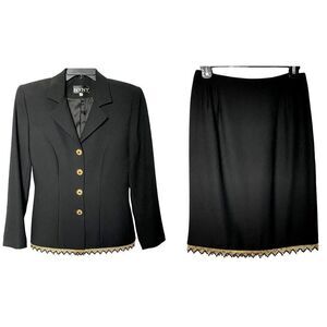 NYNY by Valentine Black Jacket & Skirt Suit Sz 6 Beaded Fringe Wrinkle Free